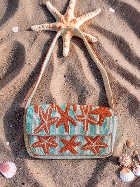 Source Unknown Orange & Aqua Beaded Starfish Shoulder Bag